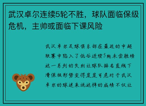 武汉卓尔连续5轮不胜，球队面临保级危机，主帅或面临下课风险